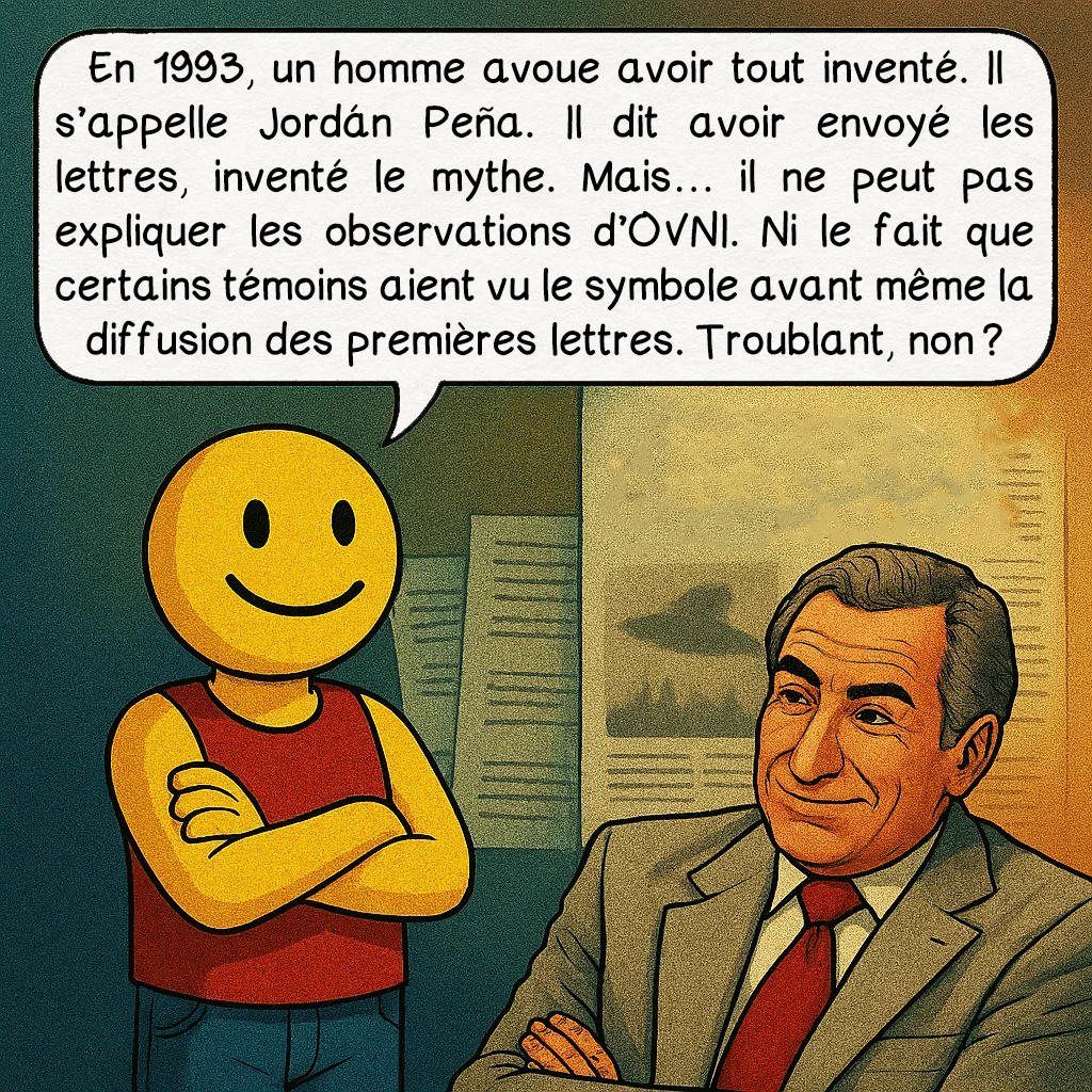 Ummo, case 8 : En 1993, un homme avoue avoir tout inventé. Il s’appelle Jordán Peña. Il dit avoir envoyé les lettres, inventé le mythe. Mais… il ne peut pas expliquer les observations d’OVNI. Ni le fait que certains témoins aient vu le symbole avant même la diffusion des premières lettres. Troublant, non ?