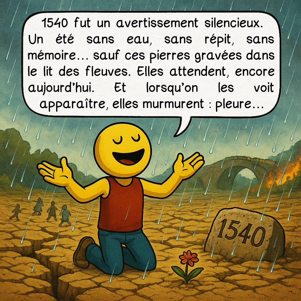 La canicule de 1540, case 10 : 1540 fut un avertissement silencieux. Un été sans eau, sans répit, sans mémoire… sauf ces pierres gravées dans le lit des fleuves. Elles attendent, encore aujourd’hui. Et lorsqu’on les voit apparaître, elles murmurent : pleure…