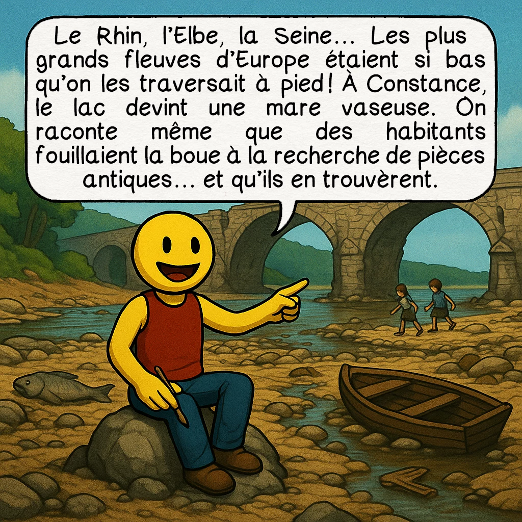 La canicule de 1540, case 3 : Le Rhin, l’Elbe, la Seine… Les plus grands fleuves d’Europe étaient si bas qu’on les traversait à pied ! À Constance, le lac devint une mare vaseuse. On raconte même que des habitants fouillaient la boue à la recherche de pièces antiques… et qu’ils en trouvèrent.