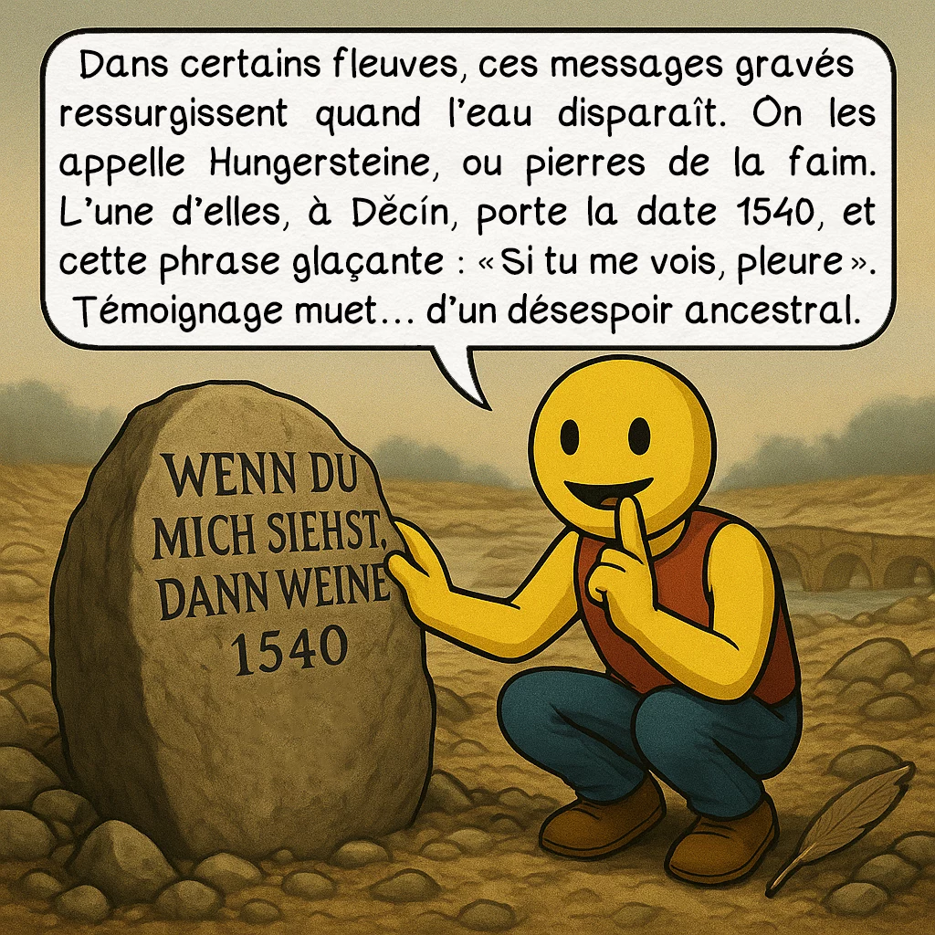 La canicule de 1540, case 4 : Dans certains fleuves, ces messages gravés ressurgissent quand l’eau disparaît. On les appelle Hungersteine, ou pierres de la faim. L’une d’elles, à Děčín, porte la date 1540, et cette phrase glaçante : « Si tu me vois, pleure ». Témoignage muet… d’un désespoir ancestral.
