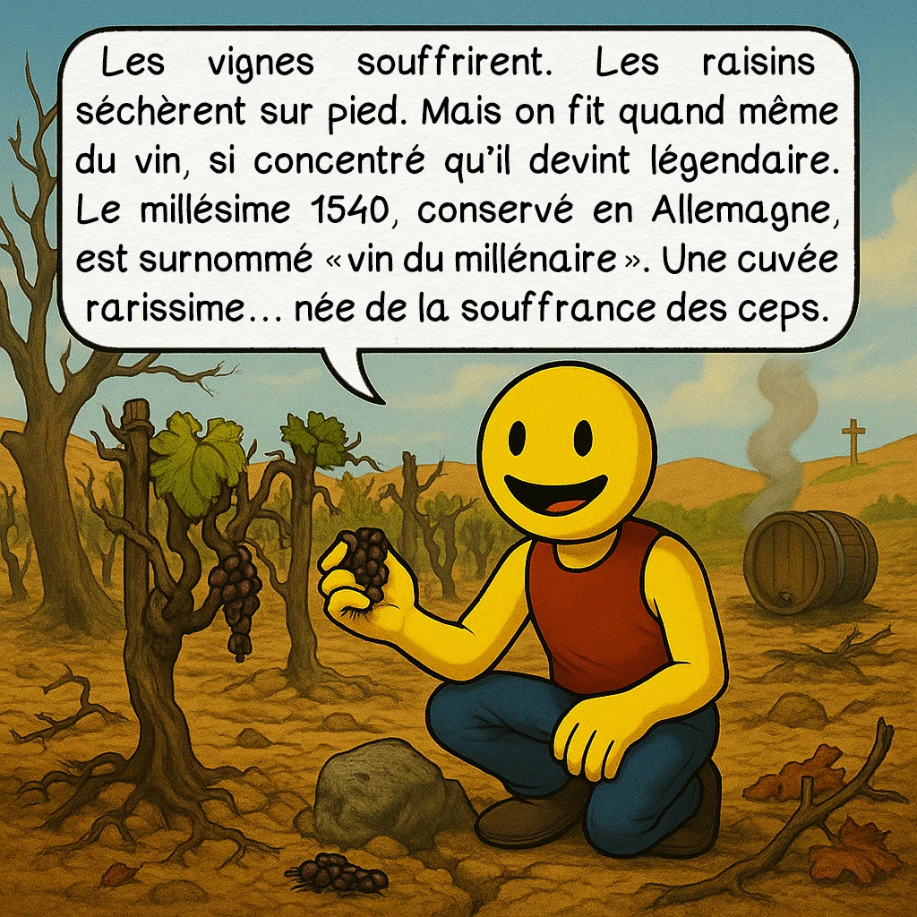 La canicule de 1540, case 5 : Les vignes souffrirent. Les raisins séchèrent sur pied. Mais on fit quand même du vin, si concentré qu’il devint légendaire. Le millésime 1540, conservé en Allemagne, est surnommé « vin du millénaire ». Une cuvée rarissime… née de la souffrance des ceps.