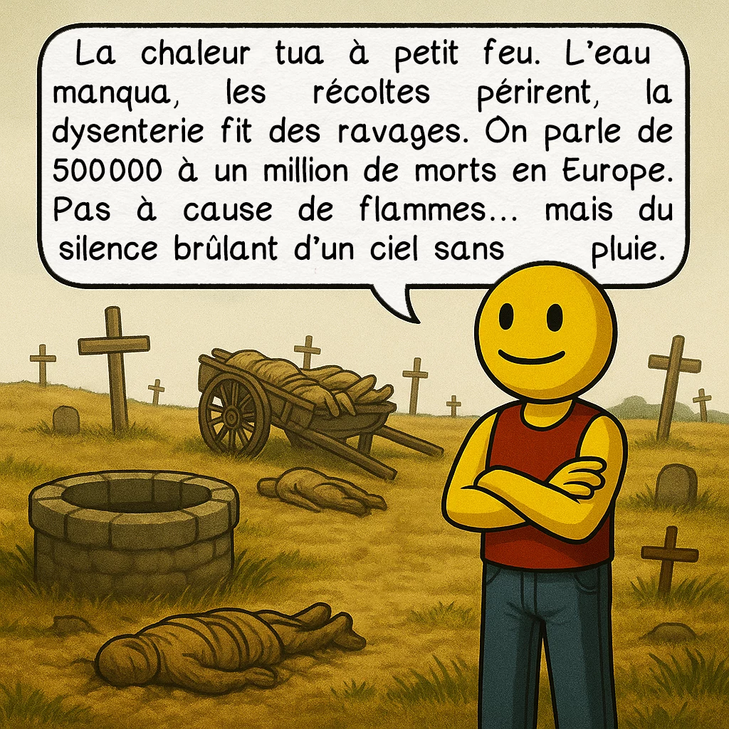 La canicule de 1540, case 6 : La chaleur tua à petit feu. L’eau manqua, les récoltes périrent, la dysenterie fit des ravages. On parle de 500 000 à un million de morts en Europe. Pas à cause de flammes… mais du silence brûlant d’un ciel sans pluie.