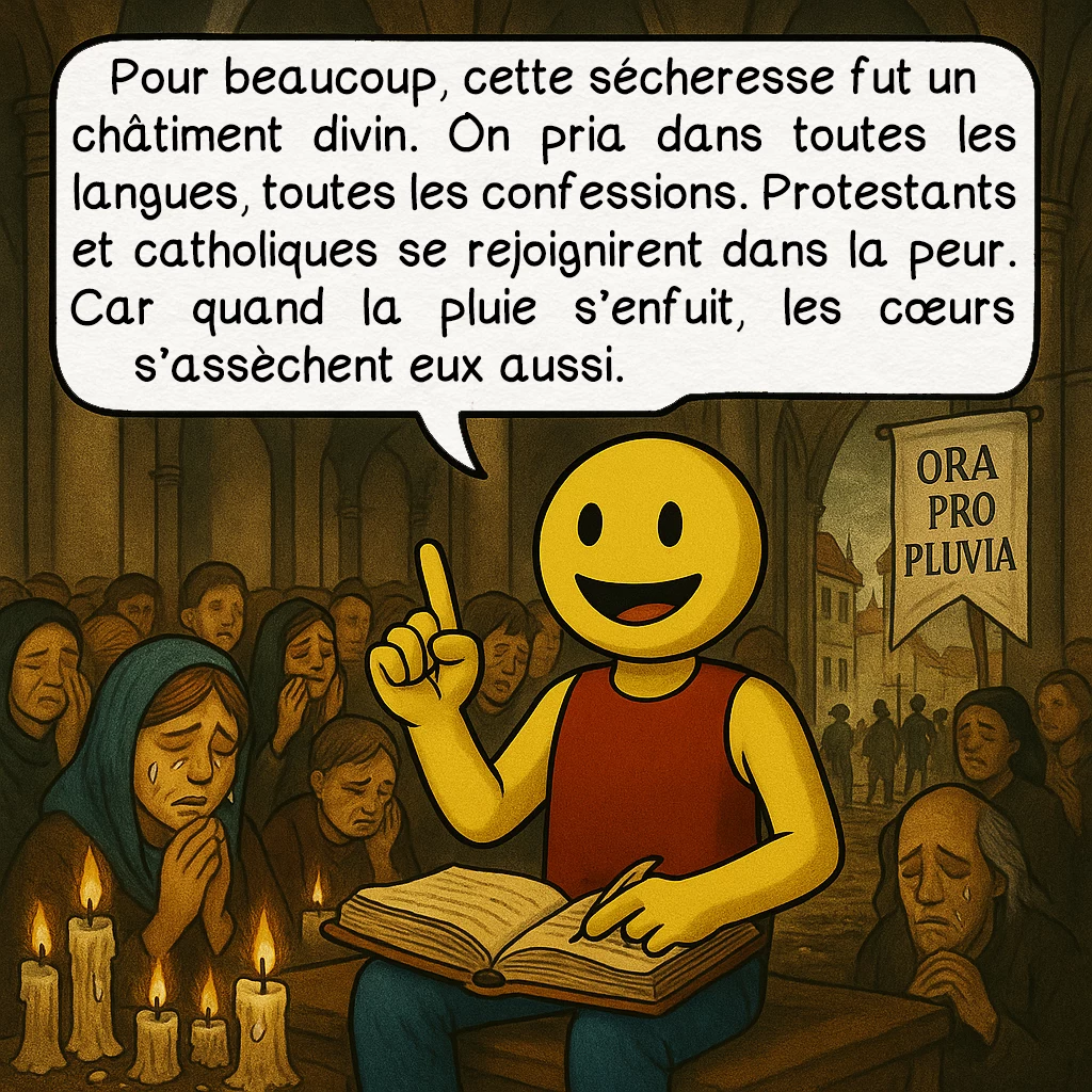 La canicule de 1540, case 7 : Pour beaucoup, cette sécheresse fut un châtiment divin. On pria dans toutes les langues, toutes les confessions. Protestants et catholiques se rejoignirent dans la peur. Car quand la pluie s’enfuit, les cœurs s’assèchent eux aussi.
