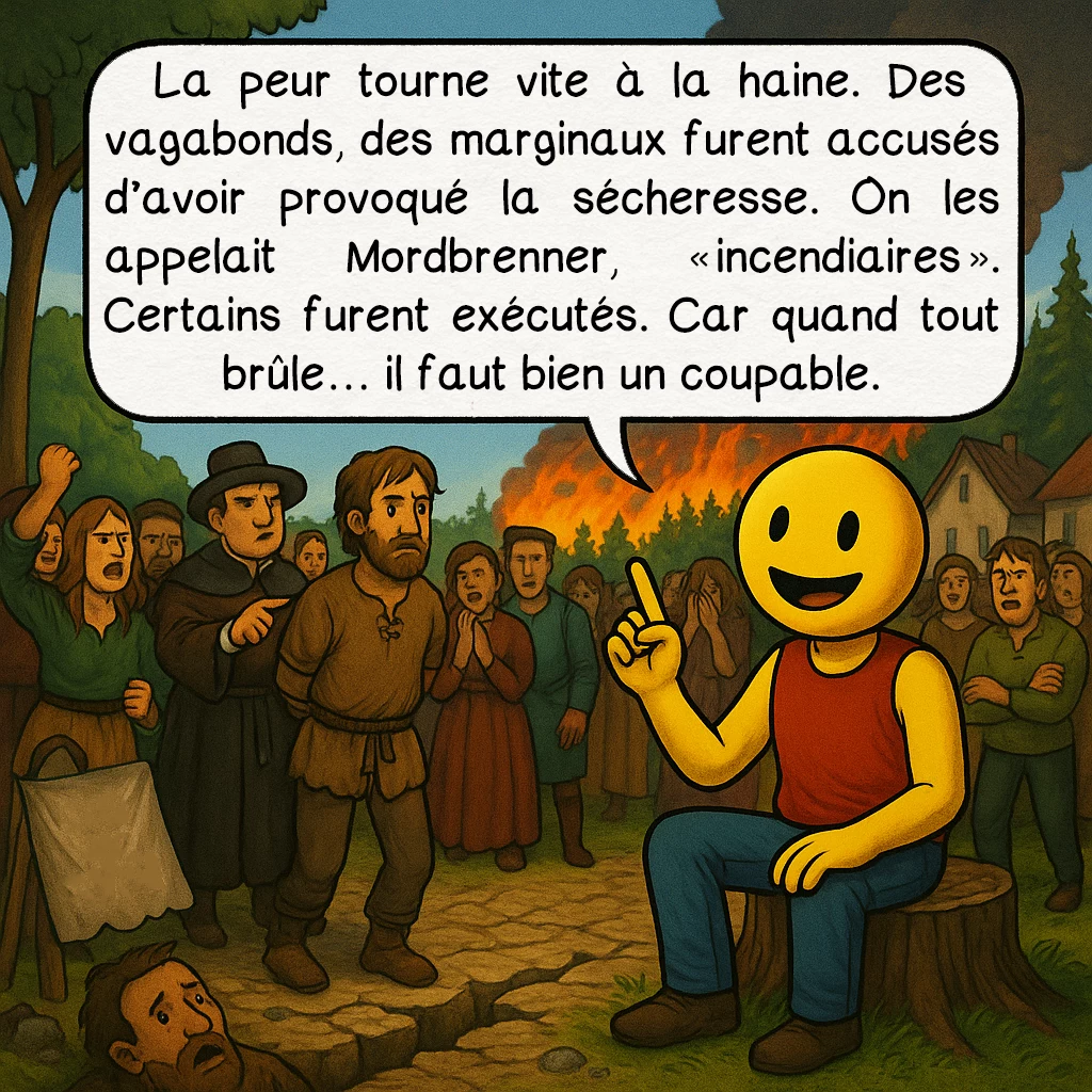 La canicule de 1540, case 8 : La peur tourne vite à la haine. Des vagabonds, des marginaux furent accusés d’avoir provoqué la sécheresse. On les appelait Mordbrenner, « incendiaires ». Certains furent exécutés. Car quand tout brûle… il faut bien un coupable.