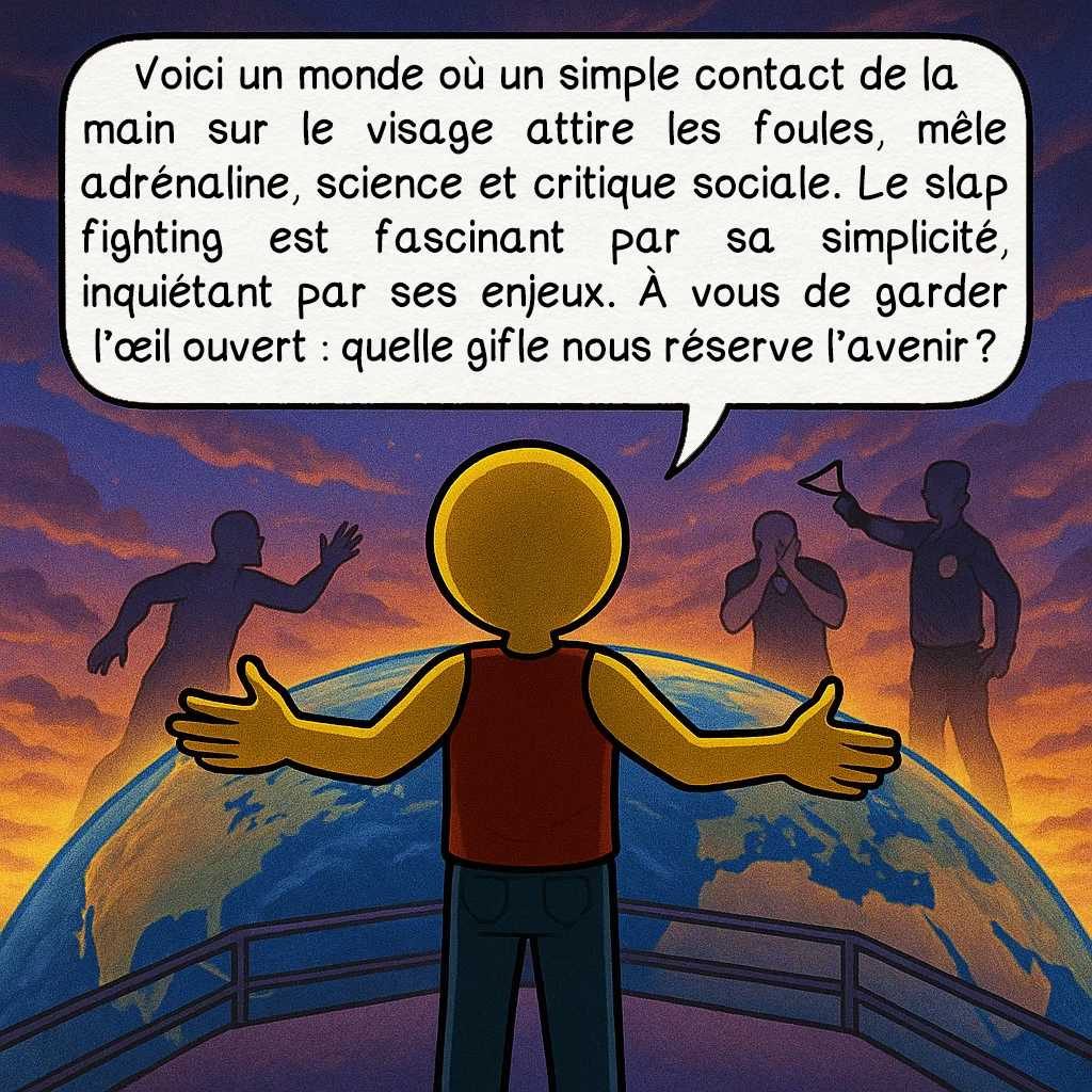 Le slap fighting, case 10 : Voici un monde où un simple contact de la main sur le visage attire les foules, mêle adrénaline, science et critique sociale. Le slap fighting est fascinant par sa simplicité, inquiétant par ses enjeux. À vous de garder l’œil ouvert : quelle gifle nous réserve l’avenir ?