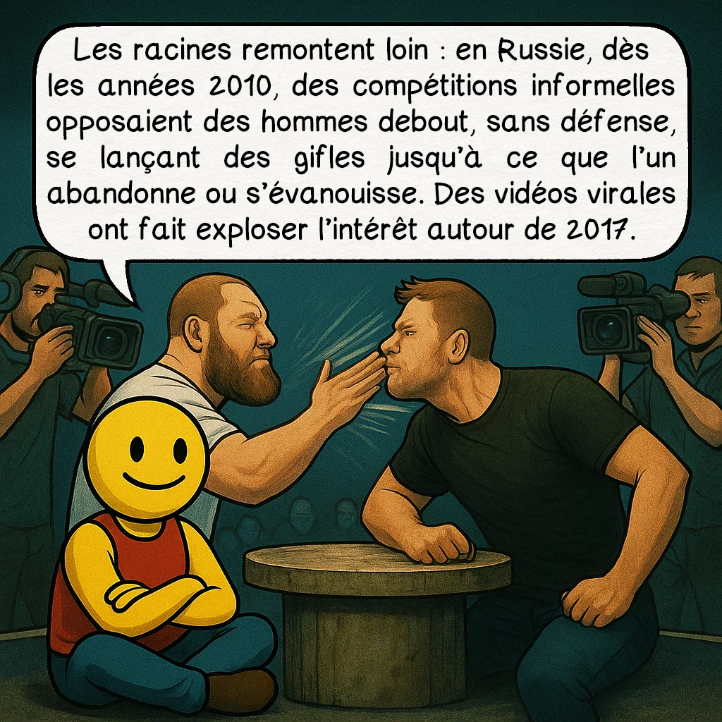 Le slap fighting, case 2 : Les racines remontent loin : en Russie, dès les années 2010, des compétitions informelles opposaient des hommes debout, sans défense, se lançant des gifles jusqu’à ce que l’un abandonne ou s’évanouisse. Des vidéos virales ont fait exploser l’intérêt autour de 2017.