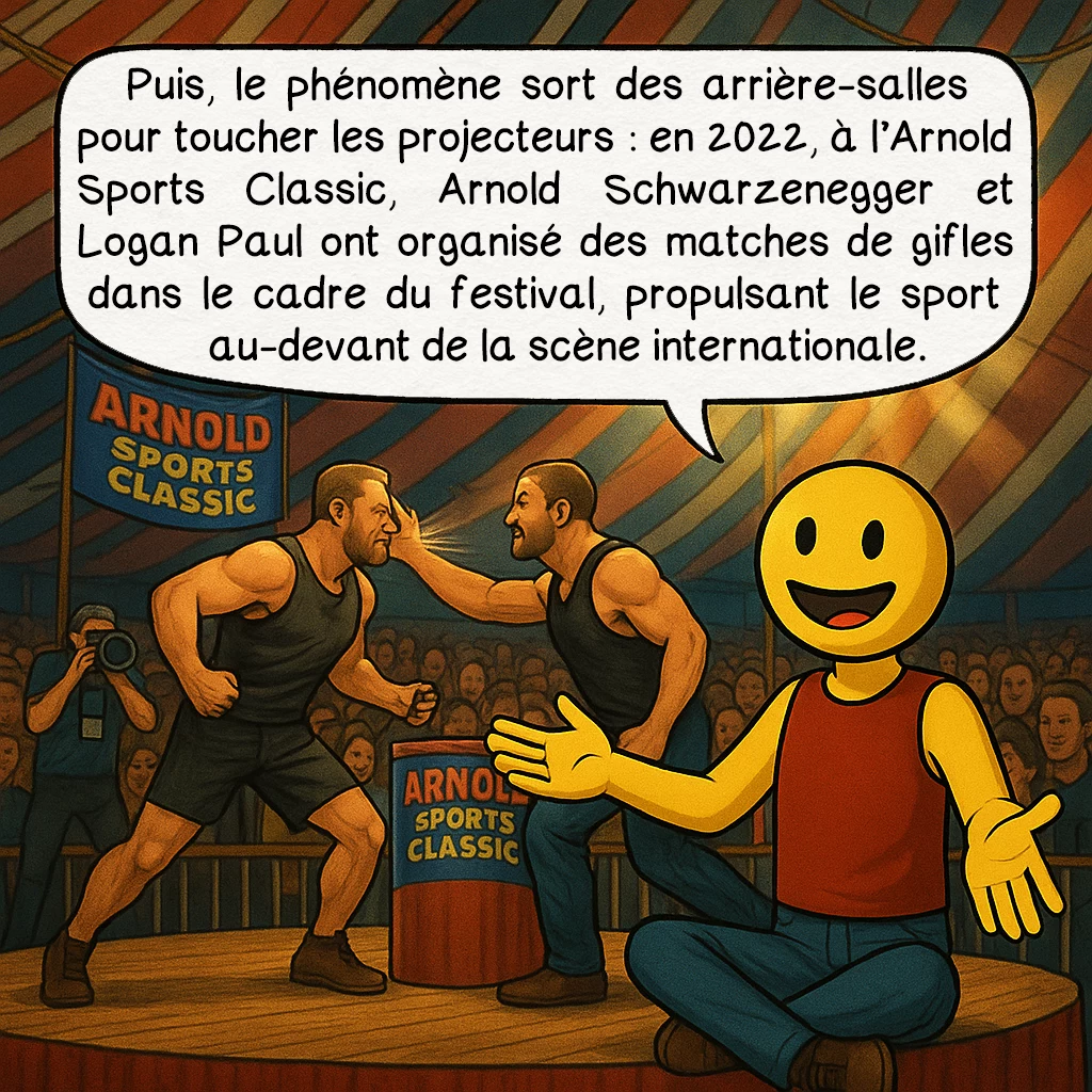 Le slap fighting, case 3 : Puis, le phénomène sort des arrière-salles pour toucher les projecteurs : en 2022, à l’Arnold Sports Classic, Arnold Schwarzenegger et Logan Paul ont organisé des matches de gifles dans le cadre du festival, propulsant le sport au-devant de la scène internationale.
