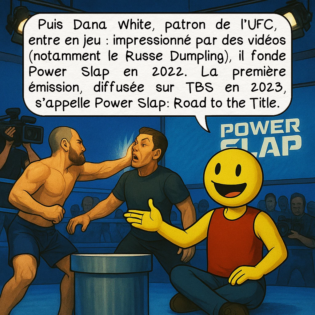 Le slap fighting, case 4 : Puis Dana White, patron de l’UFC, entre en jeu : impressionné par des vidéos (notamment le Russe Dumpling), il fonde Power Slap en 2022. La première émission, diffusée sur TBS en 2023, s’appelle Power Slap: Road to the Title.