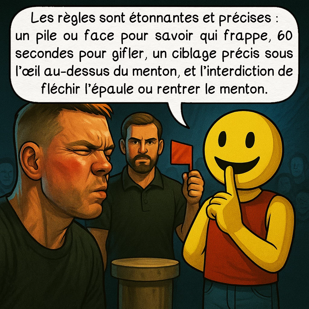 Le slap fighting, case 5 : Les règles sont étonnantes et précises : un pile ou face pour savoir qui frappe, 60 secondes pour gifler, un ciblage précis sous l’œil au-dessus du menton, et l’interdiction de fléchir l’épaule ou rentrer le menton.