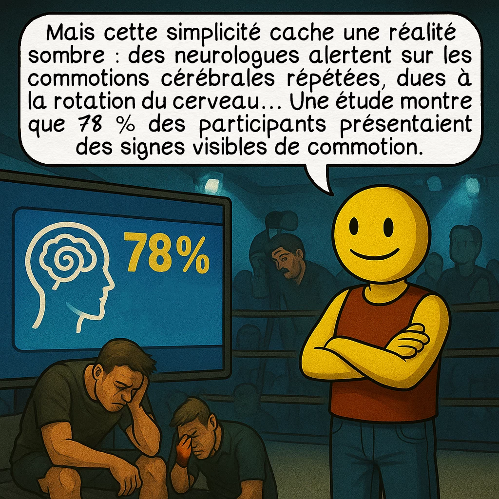 Le slap fighting, case 6 : Mais cette simplicité cache une réalité sombre : des neurologues alertent sur les commotions cérébrales répétées, dues à la rotation du cerveau… Une étude montre que 78 % des participants présentaient des signes visibles de commotion.