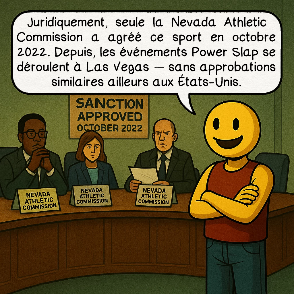 Le slap fighting, case 7 : Juridiquement, seule la Nevada Athletic Commission a agréé ce sport en octobre 2022. Depuis, les événements Power Slap se déroulent à Las Vegas — sans approbations similaires ailleurs aux États-Unis.