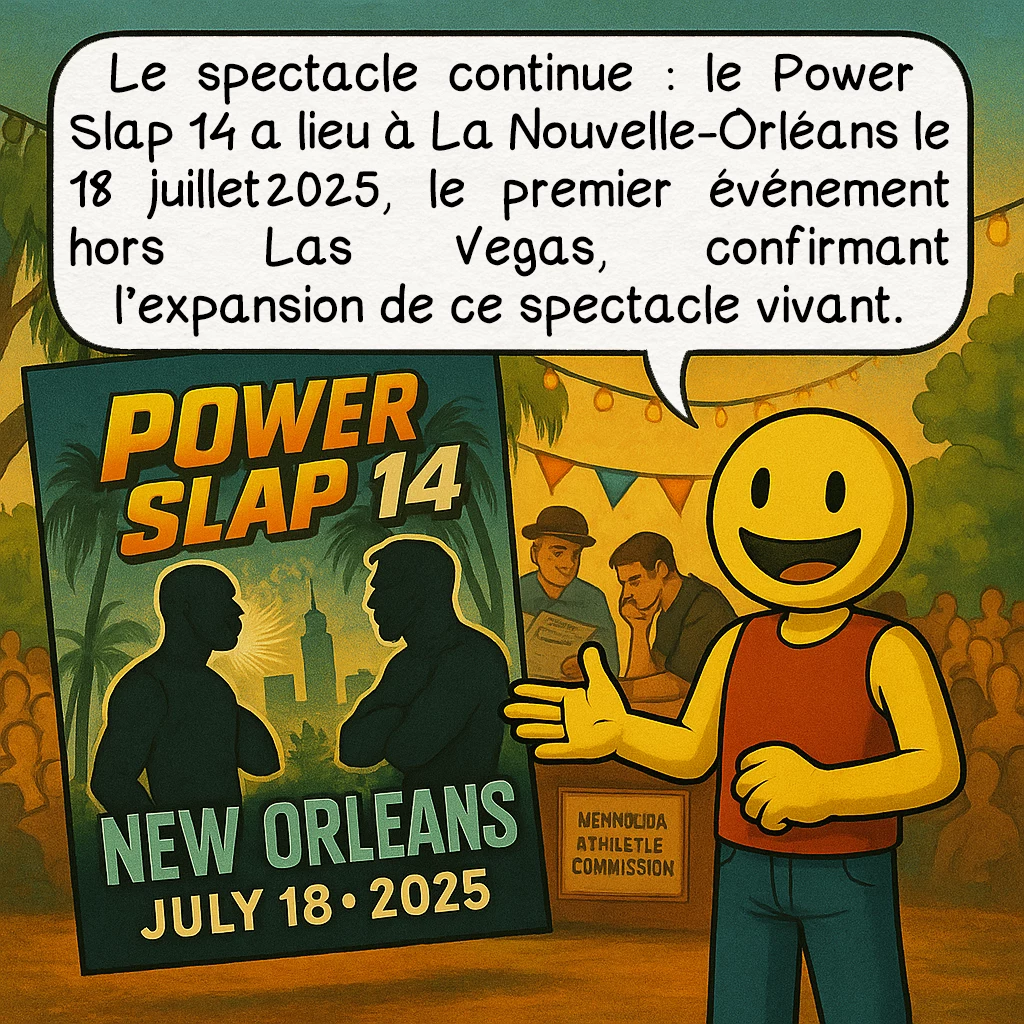 Le slap fighting, case 9 : Le spectacle continue : le Power Slap 14 a lieu à La Nouvelle-Orléans le 18 juillet 2025, le premier événement hors Las Vegas, confirmant l’expansion de ce spectacle vivant.