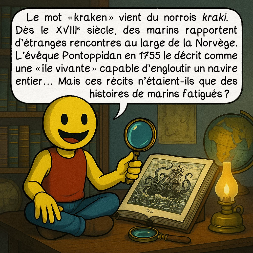 Le kraken, case 2 : Le mot « kraken » vient du norrois kraki. Dès le XVIIIᵉ siècle, des marins rapportent d’étranges rencontres au large de la Norvège. L’évêque Pontoppidan en 1755 le décrit comme une « île vivante » capable d’engloutir un navire entier… Mais ces récits n’étaient-ils que des histoires de marins fatigués ?