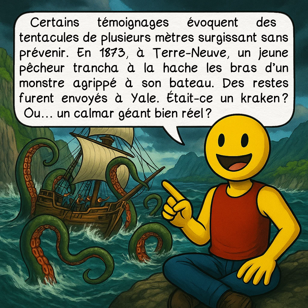 Le kraken, case 3 : Certains témoignages évoquent des tentacules de plusieurs mètres surgissant sans prévenir. En 1873, à Terre-Neuve, un jeune pêcheur trancha à la hache les bras d’un monstre agrippé à son bateau. Des restes furent envoyés à Yale. Était-ce un kraken ? Ou… un calmar géant bien réel ?
