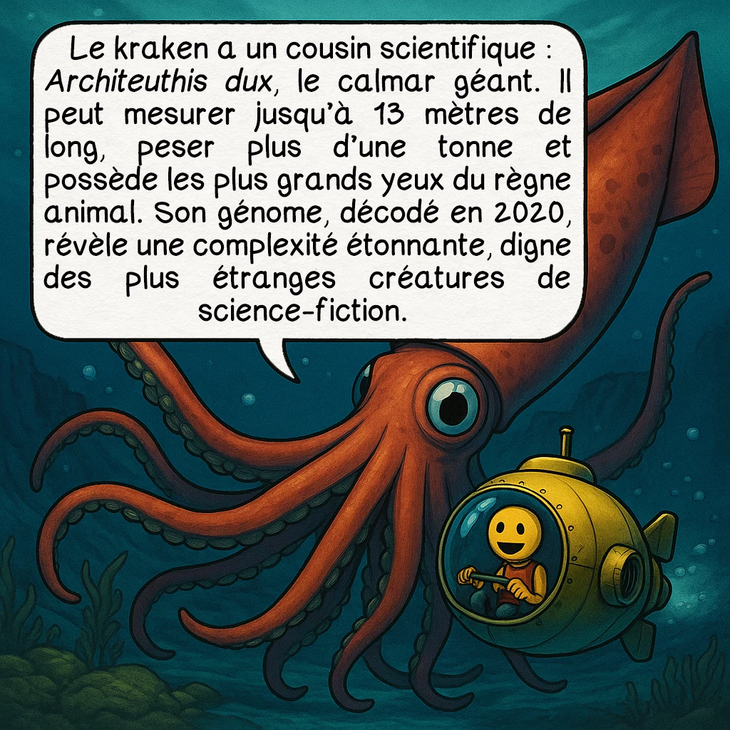 Le kraken, case 4 : Le kraken a un cousin scientifique : Architeuthis dux, le calmar géant. Il peut mesurer jusqu’à 13 mètres de long, peser plus d’une tonne et possède les plus grands yeux du règne animal. Son génome, décodé en 2020, révèle une complexité étonnante, digne des plus étranges créatures de science-fiction.