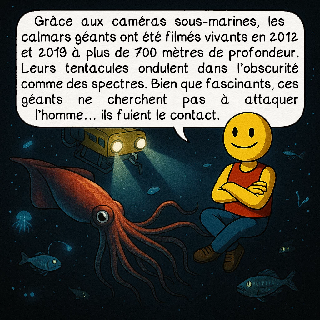Le kraken, case 5 : Grâce aux caméras sous-marines, les calmars géants ont été filmés vivants en 2012 et 2019 à plus de 700 mètres de profondeur. Leurs tentacules ondulent dans l’obscurité comme des spectres. Bien que fascinants, ces géants ne cherchent pas à attaquer l’homme… ils fuient le contact.