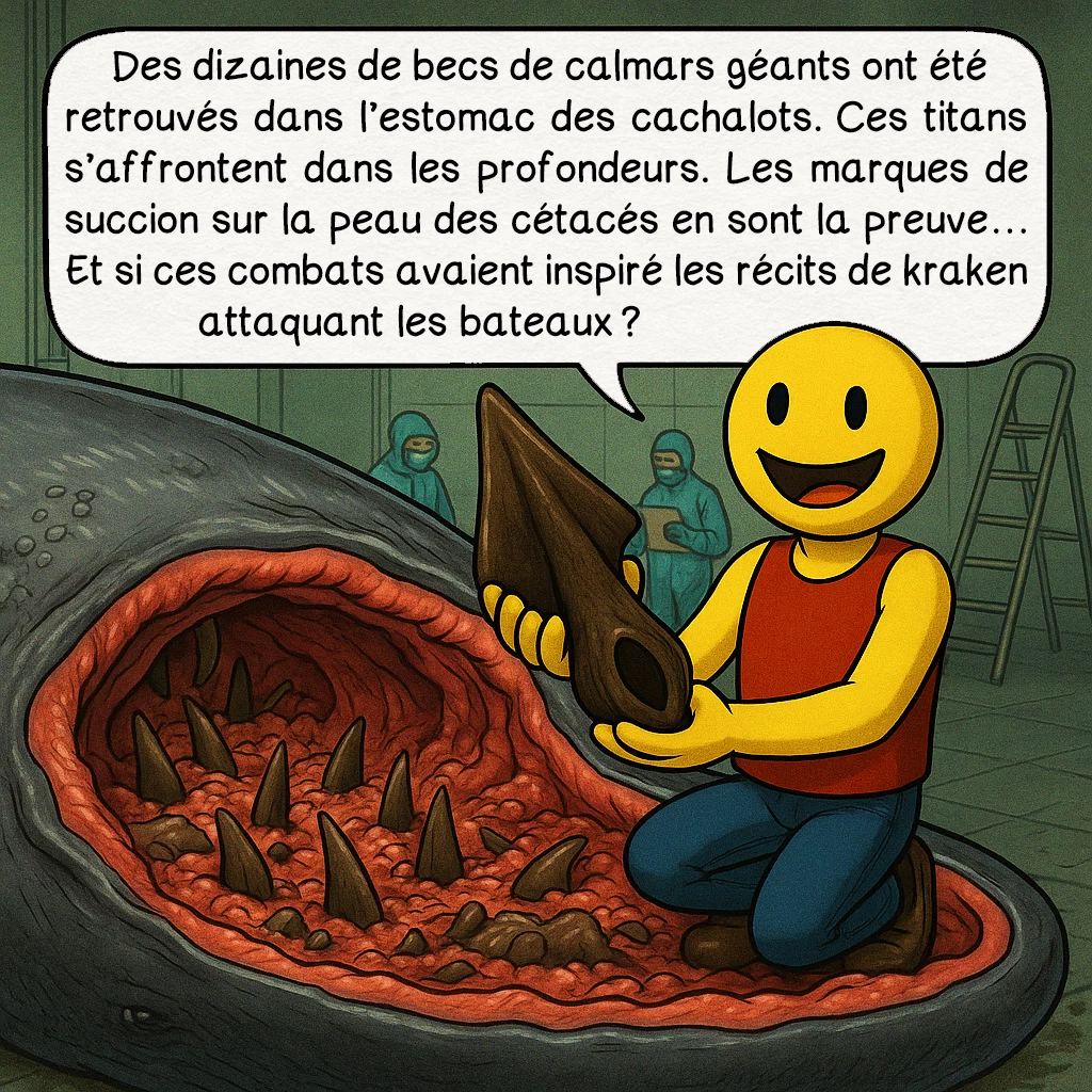 Le kraken, case 6 : Des dizaines de becs de calmars géants ont été retrouvés dans l’estomac des cachalots. Ces titans s’affrontent dans les profondeurs. Les marques de succion sur la peau des cétacés en sont la preuve… Et si ces combats avaient inspiré les récits de kraken attaquant les bateaux ?