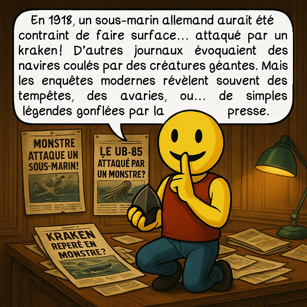 Le kraken, case 7 : En 1918, un sous-marin allemand aurait été contraint de faire surface… attaqué par un kraken ! D’autres journaux évoquaient des navires coulés par des créatures géantes. Mais les enquêtes modernes révèlent souvent des tempêtes, des avaries, ou… de simples légendes gonflées par la presse.