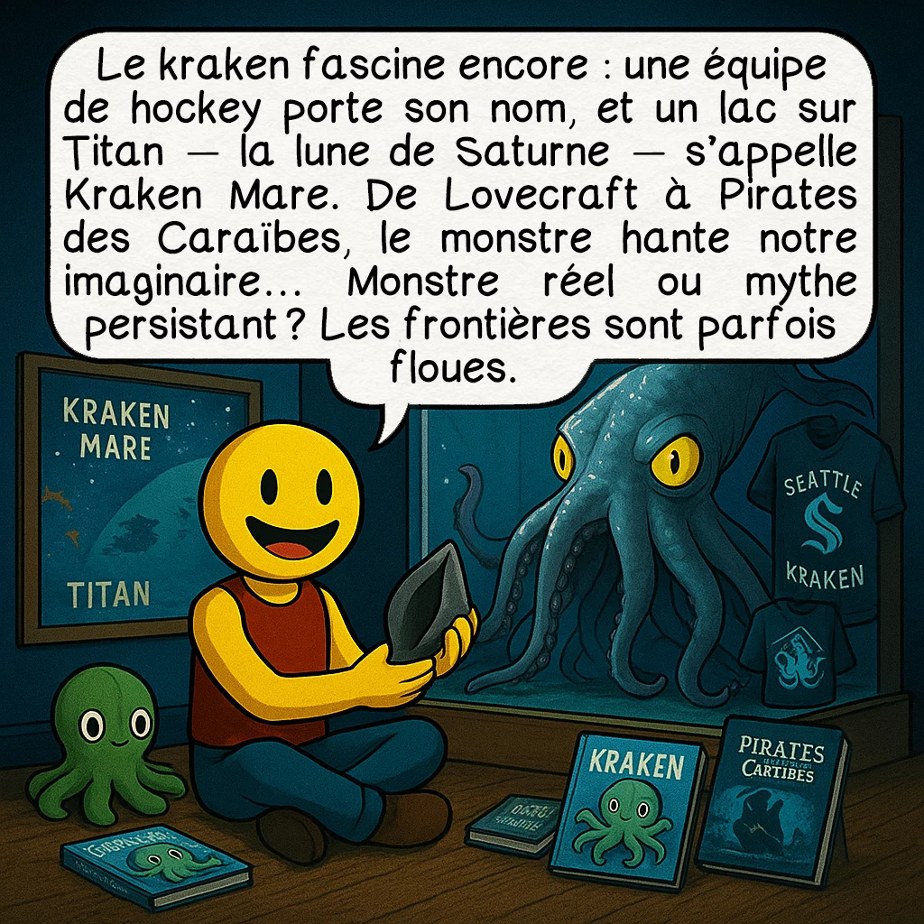 Le kraken, case 8 : Le kraken fascine encore : une équipe de hockey porte son nom, et un lac sur Titan — la lune de Saturne — s’appelle Kraken Mare. De Lovecraft à Pirates des Caraïbes, le monstre hante notre imaginaire… Monstre réel ou mythe persistant ? Les frontières sont parfois floues.