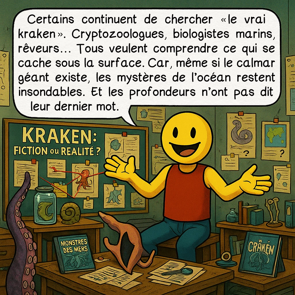 Le kraken, case 9 : Certains continuent de chercher « le vrai kraken ». Cryptozoologues, biologistes marins, rêveurs… Tous veulent comprendre ce qui se cache sous la surface. Car, même si le calmar géant existe, les mystères de l’océan restent insondables. Et les profondeurs n’ont pas dit leur dernier mot.