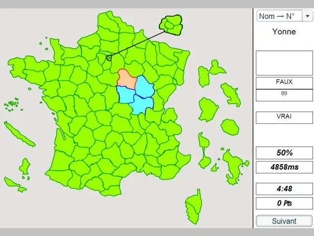 Vignette : Géographie française : Petit jeu en Flash proposant plusieurs modes de jeux pour apprendre la géographie française (départements et villes).