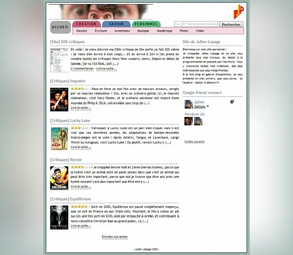Vignette : Julien Lepage : 2009 : Conception et réalisation en HTML avec utilisation de CSS, PHP et base MySQL<br/> Utilisation et personnalisation d'u…