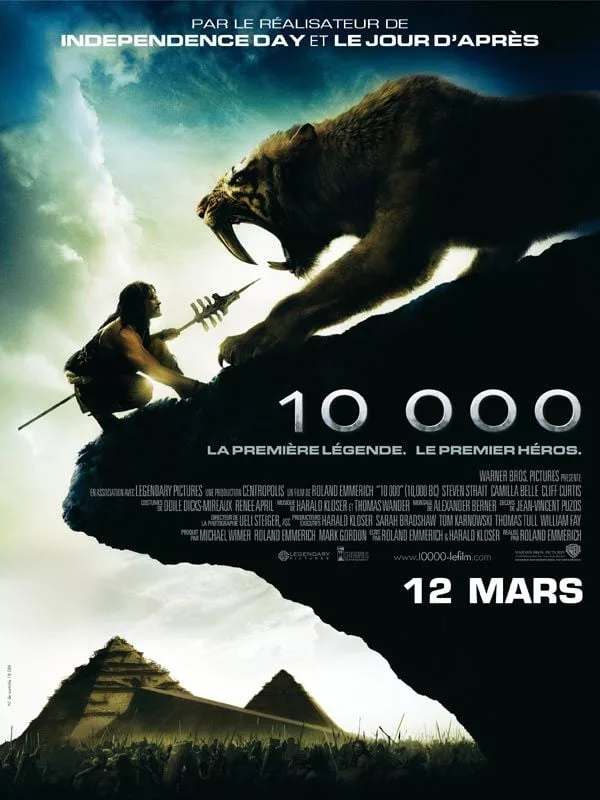 Illustration de critique : 10&nbsp;000 : 10 000 ans avant notre ère, au coeur des montagnes... Le jeune chasseur D'Leh aime d'amour tendre la belle Evolet, un…