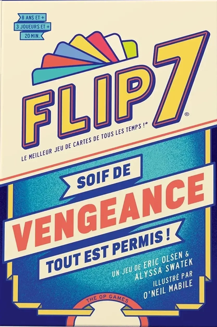Illustration de critique : Flip 7 : soif de vengeance : Suite indépendante ("standalone sequel") du jeu à succès Flip 7 (2024, mêmes auteurs). Chaque joueur retourne des car…